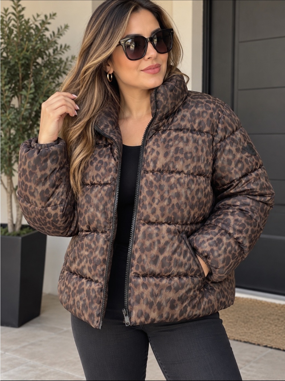 Vince Camuto Black Puffer Jacket with Leopard-Print Hood Lining